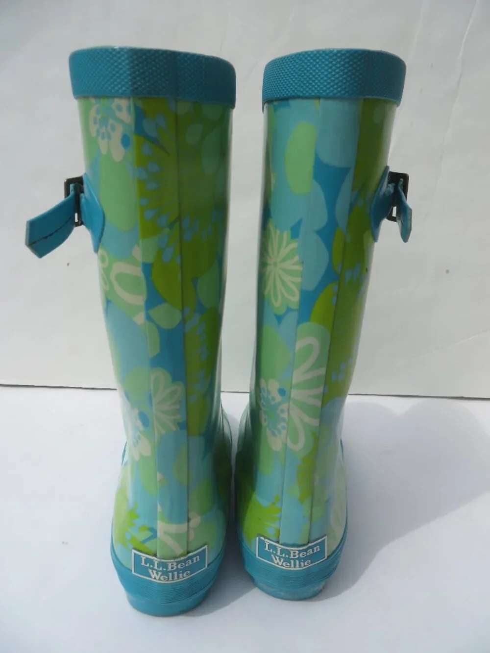 LL Bean Kids Wellie Rain boots Blue Green Flowers Waterproof Size 3 Nylon Shank